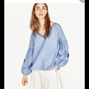 Zara Basics v neck boxy top balloon sleeves in linen cotton chambray size Small